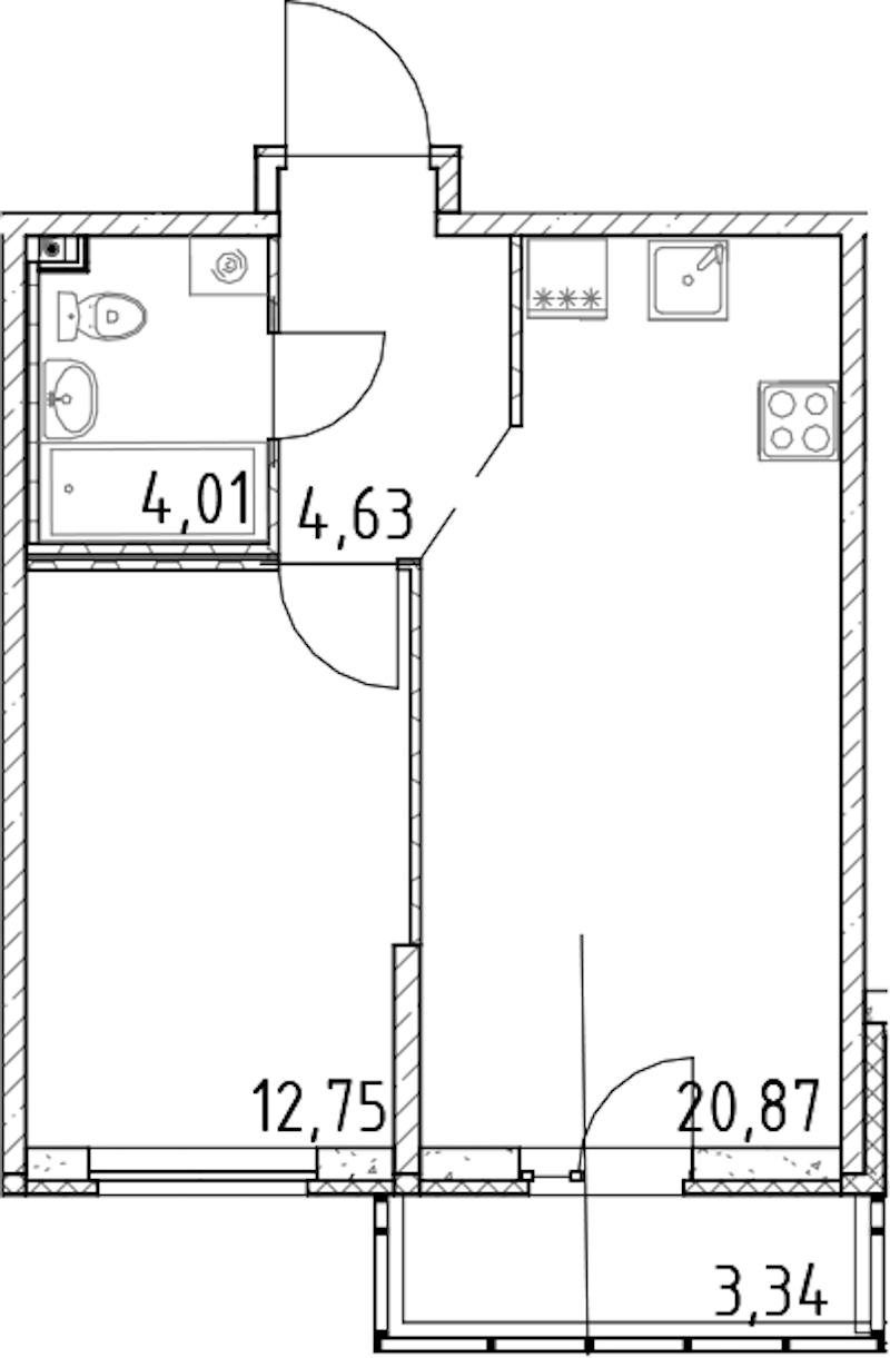 1-комнатная квартира 42.26 м², 13/23 эт., ЖК «Город Первых»
